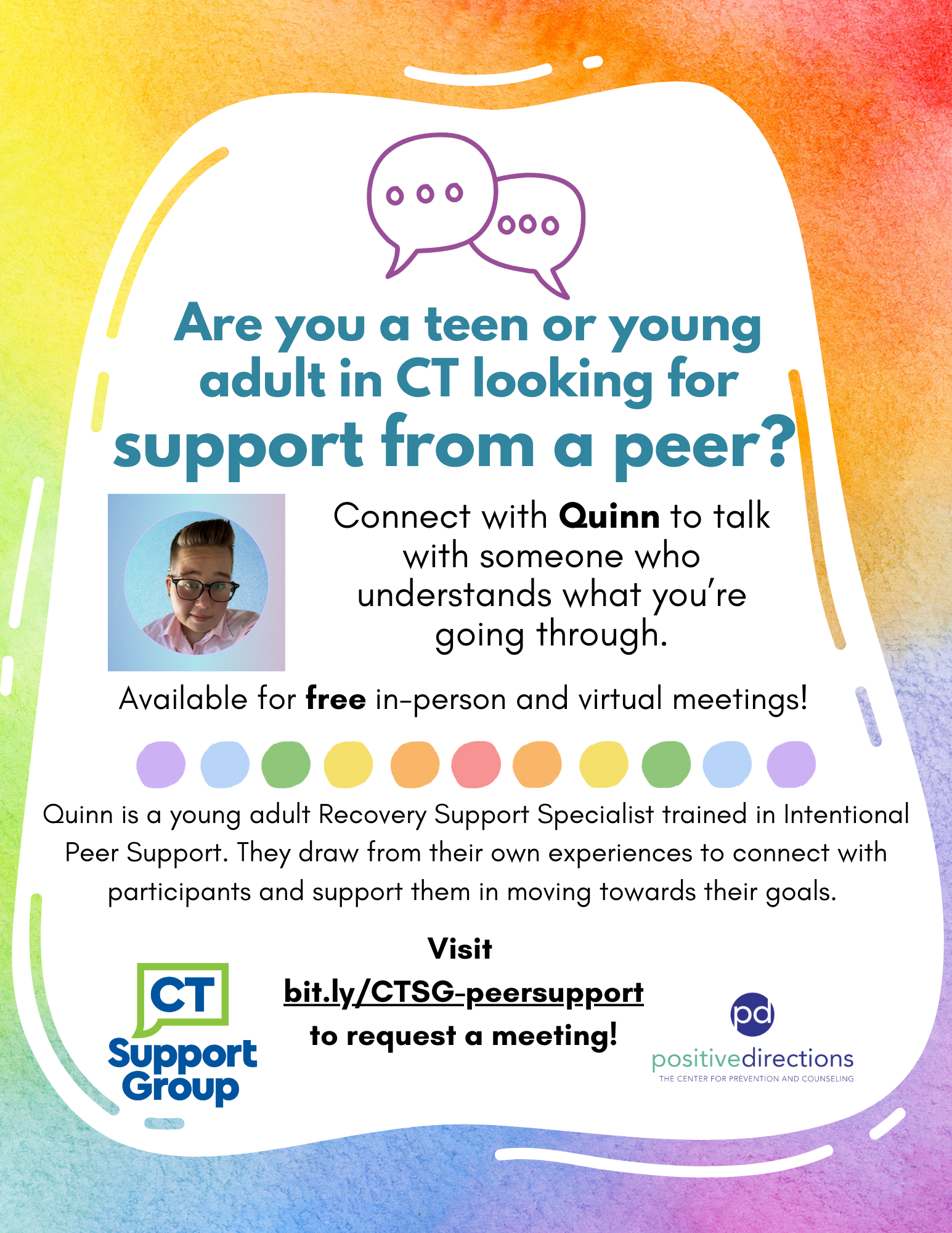 Individual peer support is available for FREE to teens and young adults in CT.