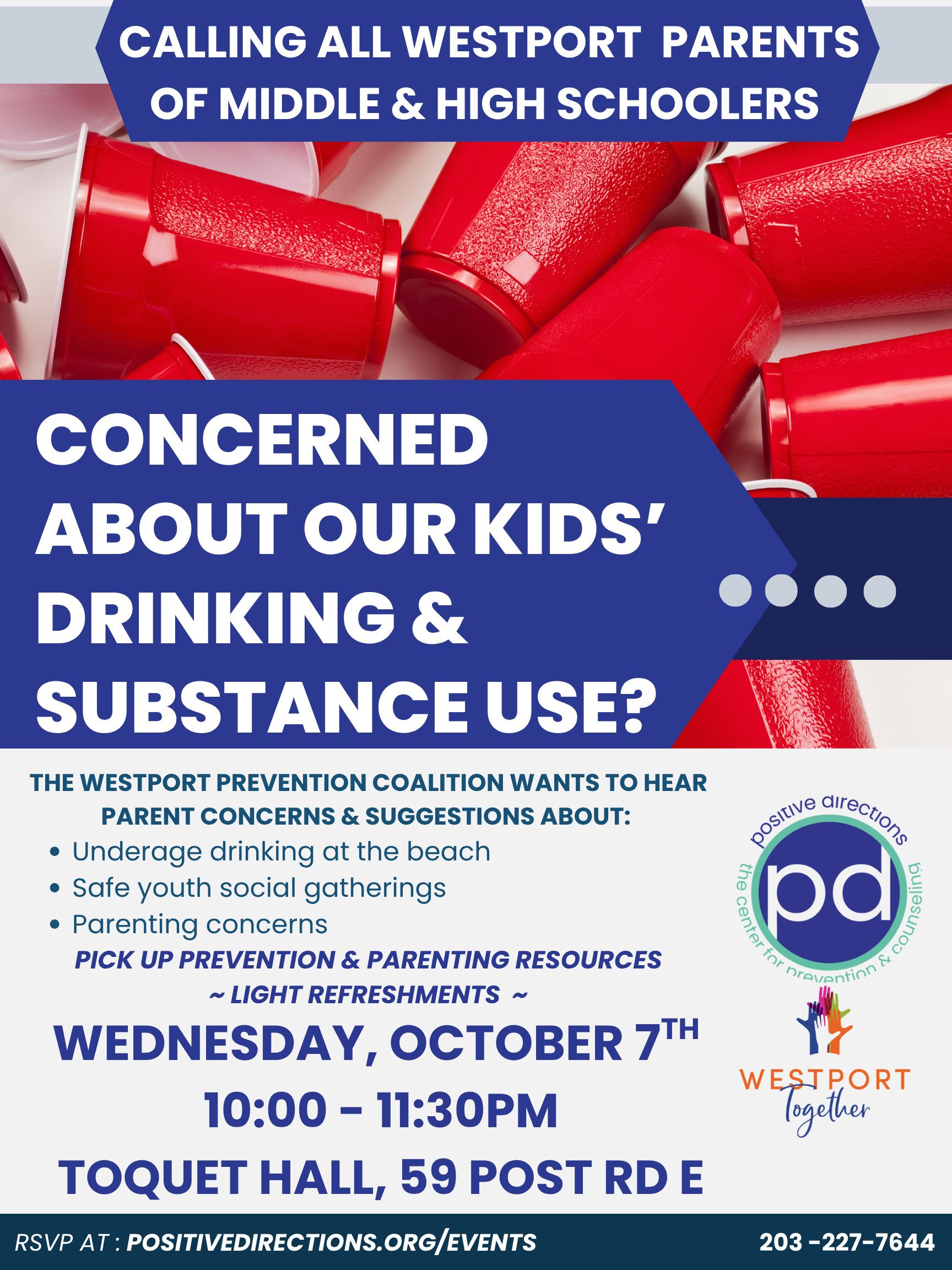 Flyer for the Westport Prevention Coalition parent discussion on youth drinking and substance use, Wednesday October 7 at Toquet Hall, 59 Post Rd E, Westport. RSVP at positivedirections.org/events.