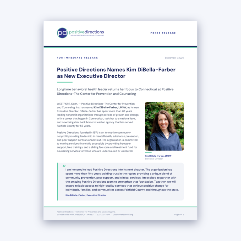Front page of the press release announcing Positive Directions Names Kim DiBella-Farber as New Executive Director