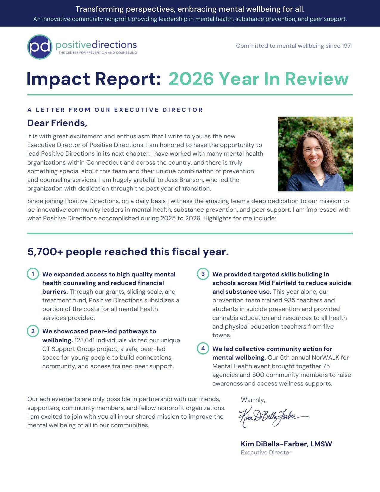 Front page of the Positive Directions Impact Report, 2026 Year In Review